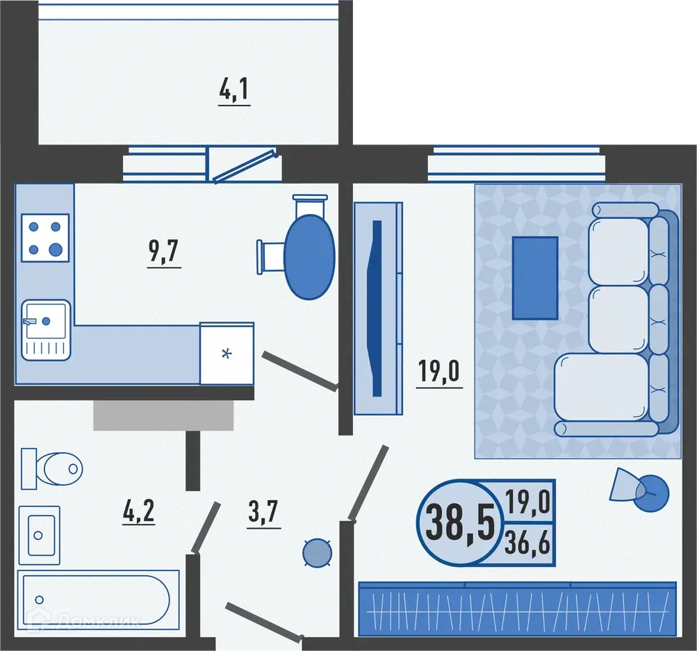 Планировка 1-комнатной квартиры 38.9 м² в ЖК Микрорайон Цитрус, г. Орёл — фото 1