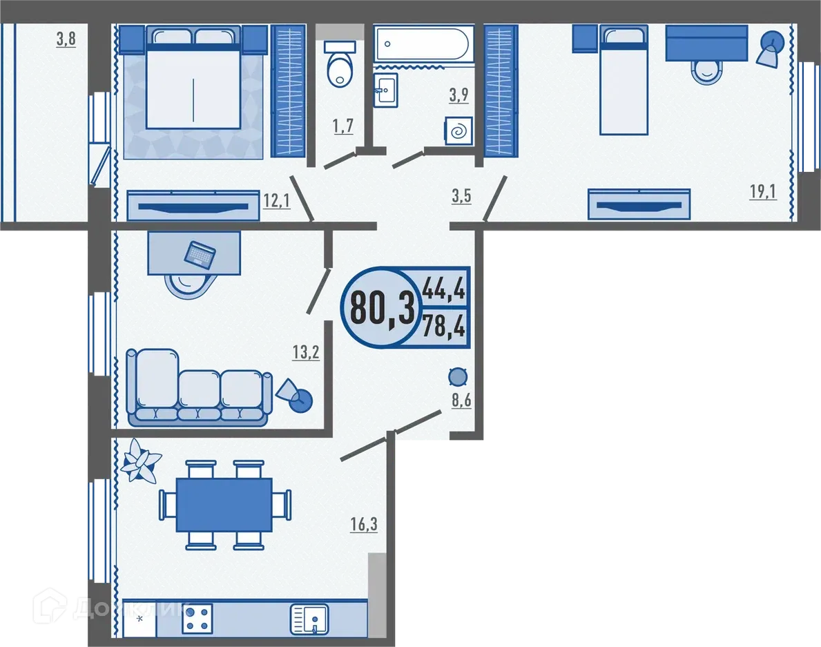 Планировка 3-комнатной квартиры 80.3 м² в ЖК Микрорайон Цитрус, г. Орёл — фото 1
