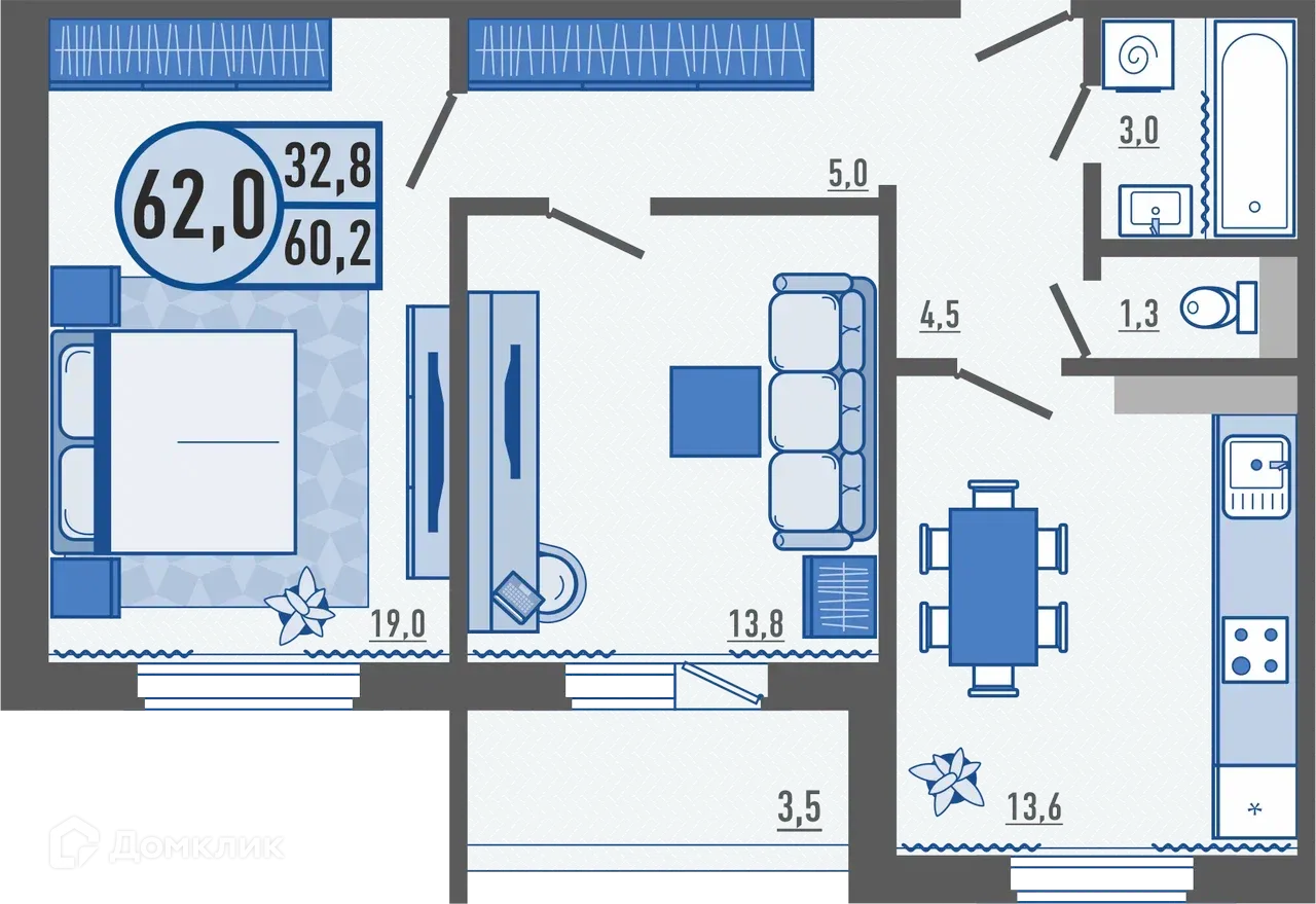 Планировка 2-комнатной квартиры 62.3 м² в ЖК Микрорайон Цитрус, г. Орёл — фото 1