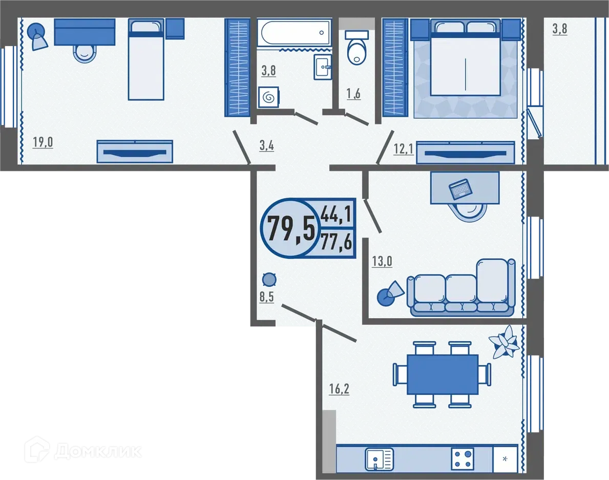 Планировка 3-комнатной квартиры 79.9 м² в ЖК Микрорайон Цитрус, г. Орёл — фото 1