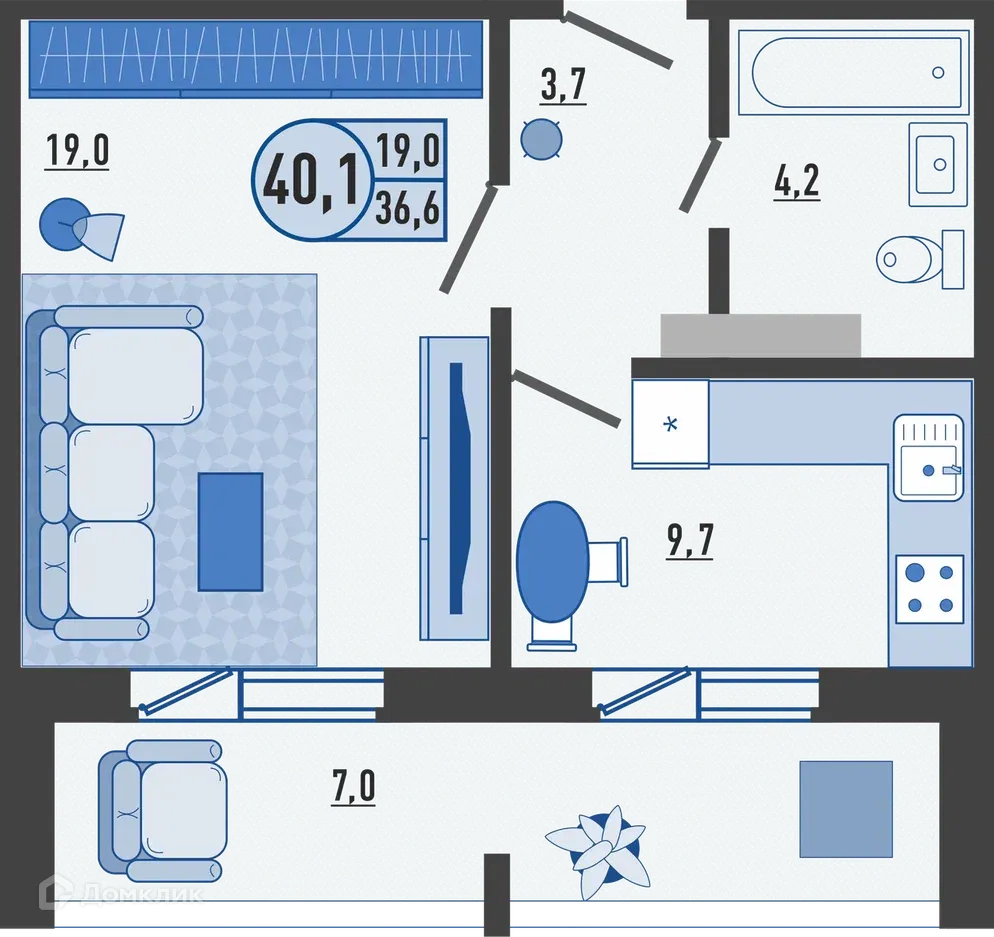 Планировка 1-комнатной квартиры 40.1 м² в ЖК Микрорайон Цитрус, г. Орёл — фото 1