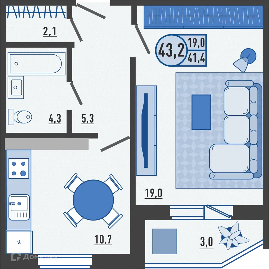 Планировка 1-комнатной квартиры 43.4 м² в ЖК Микрорайон Цитрус, г. Орёл — фото 1