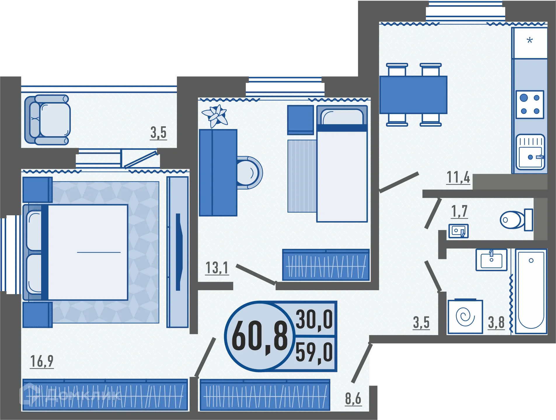 Планировка 2-комнатной квартиры 60.8 м² в ЖК Горизонт, г. Орёл — фото 1
