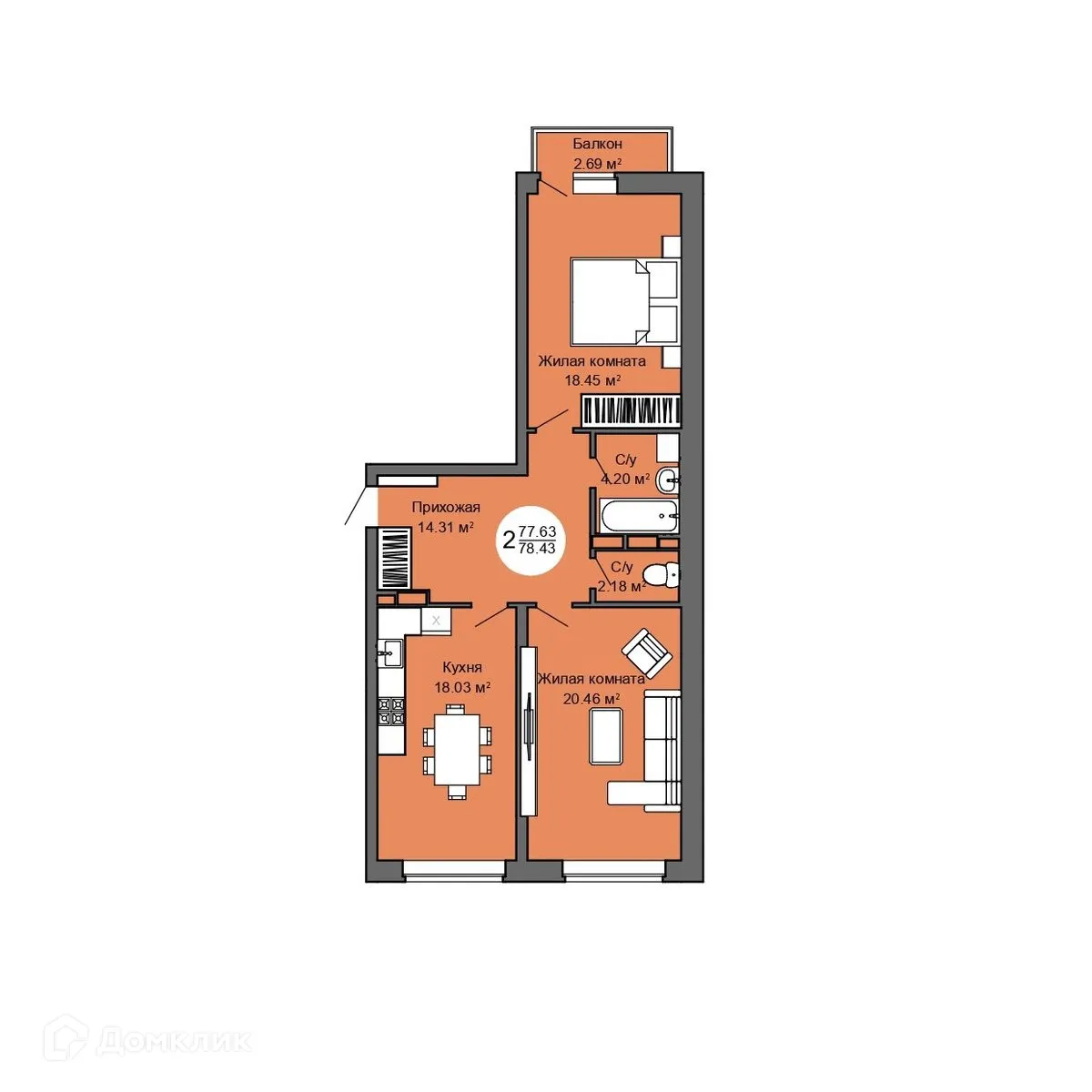 Планировка 2-комнатной квартиры 79.1 м² в ЖК Дом по ул. Межквартальная, г. Орёл — фото 1