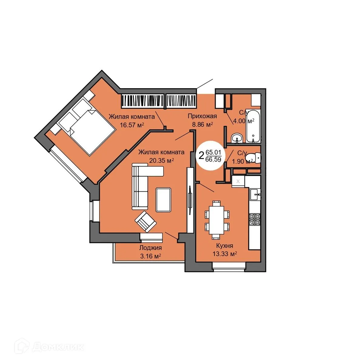 Планировка 2-комнатной квартиры 66.9 м² в ЖК Дом по ул. Межквартальная, г. Орёл — фото 1