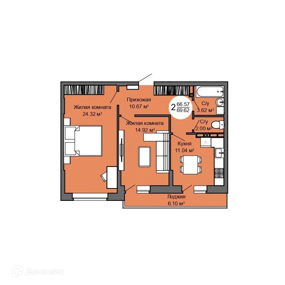 Планировка 2-комнатной квартиры 69.7 м² в ЖК Дом по ул. Межквартальная, г. Орёл — фото 1