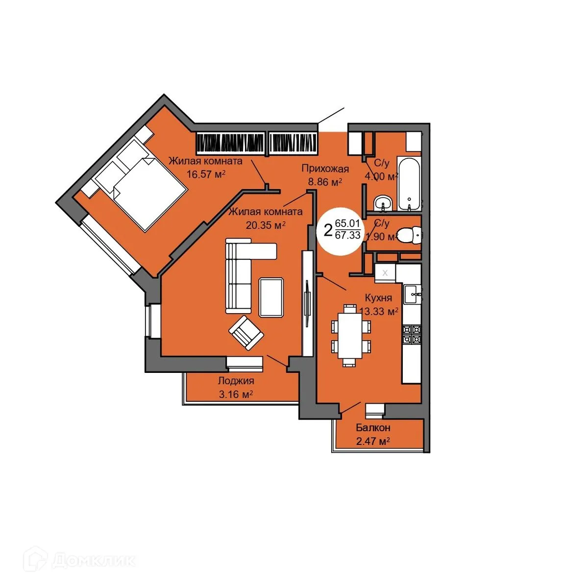 Планировка 2-комнатной квартиры 67.1 м² в ЖК Дом по ул. Межквартальная, г. Орёл — фото 1