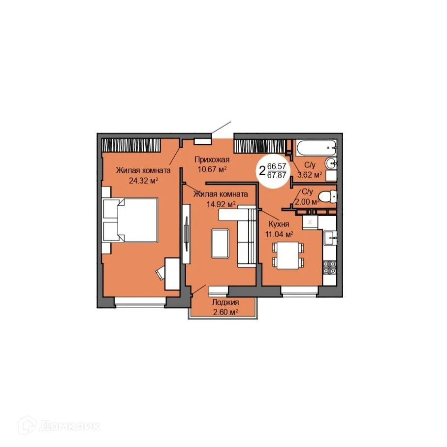 Планировка 2-комнатной квартиры 67.9 м² в ЖК Дом по ул. Межквартальная, г. Орёл — фото 1