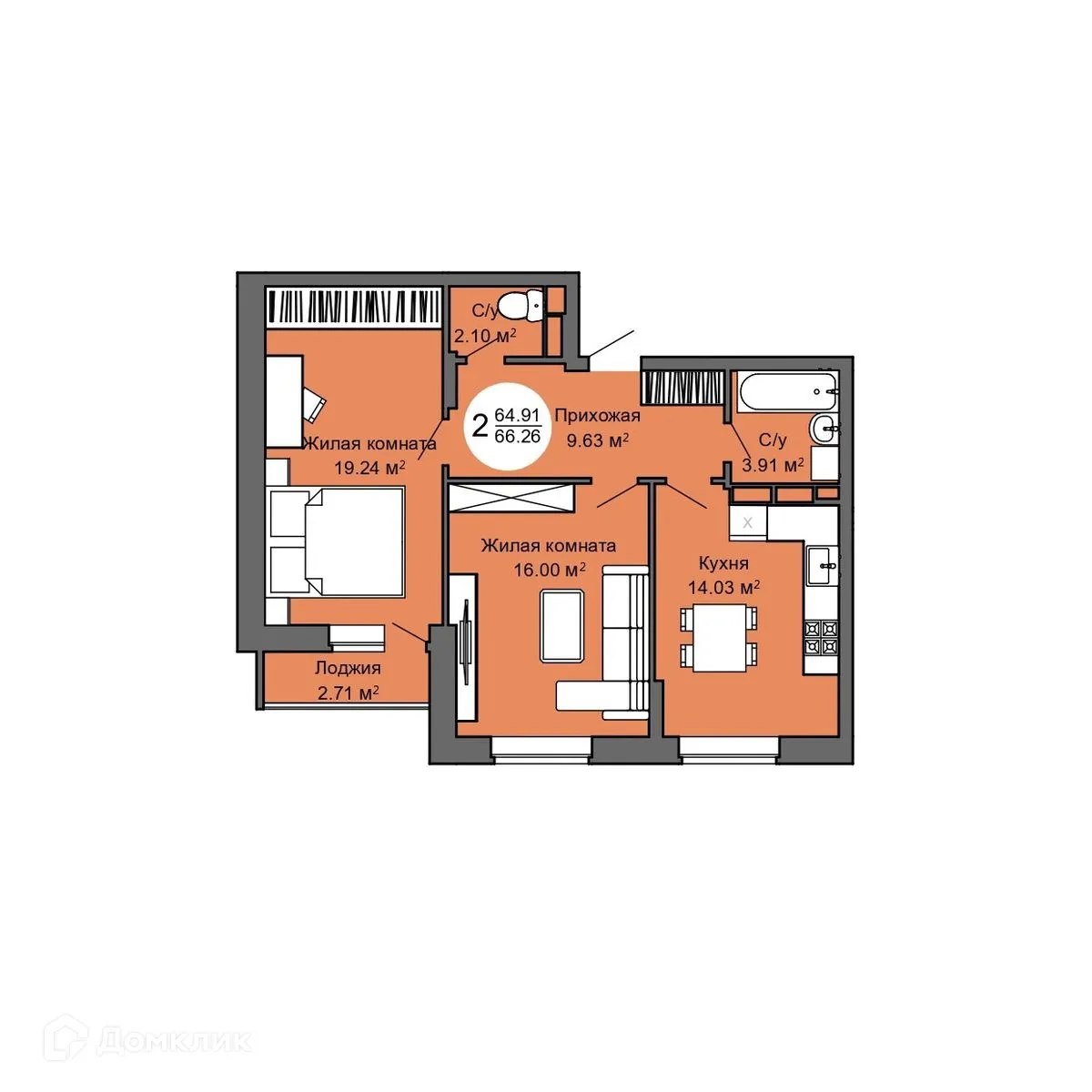 Планировка 2-комнатной квартиры 66.3 м² в ЖК Дом по ул. Межквартальная, г. Орёл — фото 1