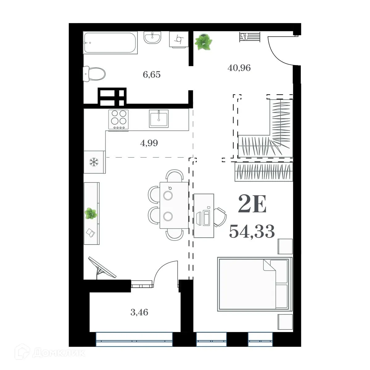 Планировка 1-комнатной квартиры 54.33 м² в ЖК Амурский, г. Владивосток — фото 1