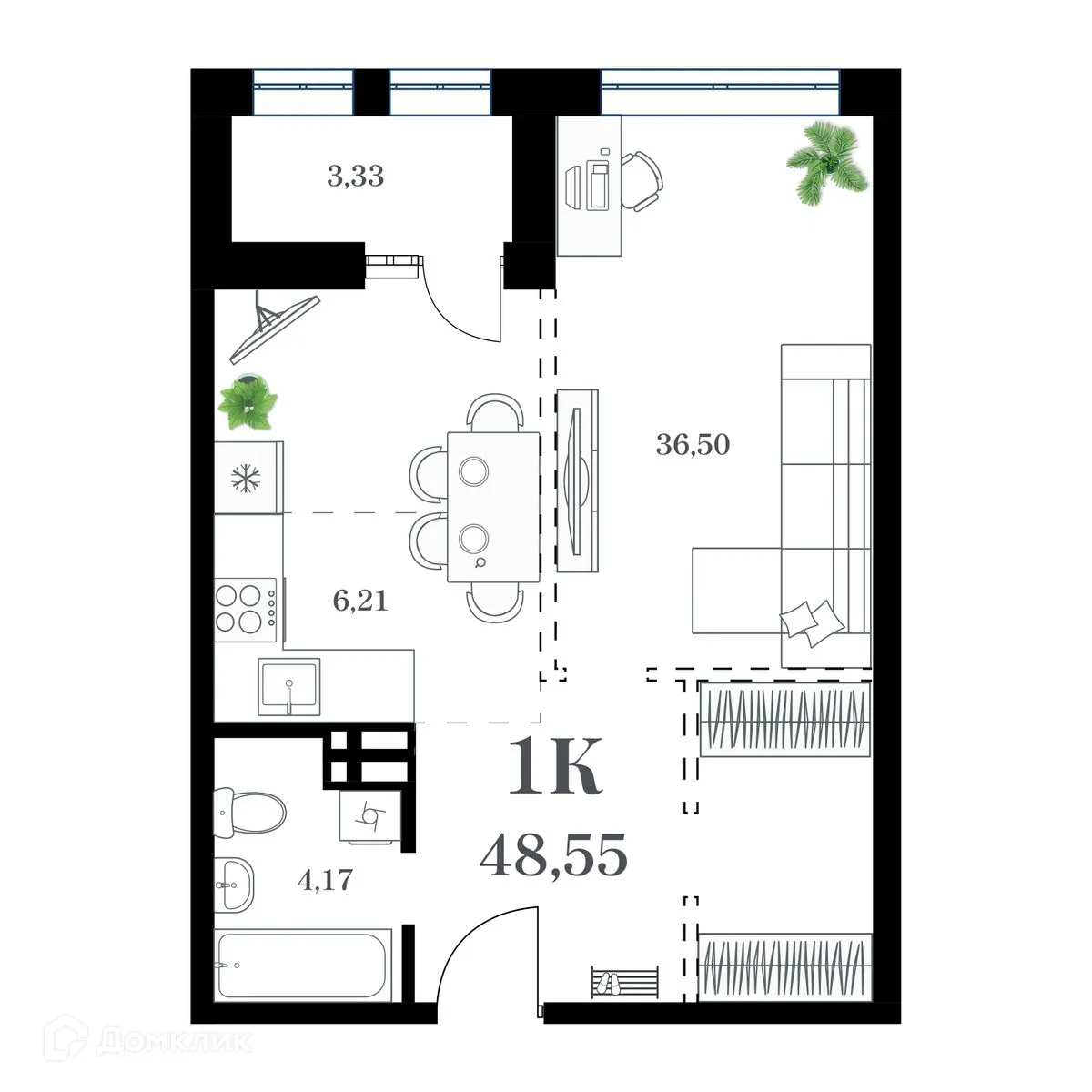 Планировка 1-комнатной квартиры 48.55 м² в ЖК Амурский, г. Владивосток — фото 1