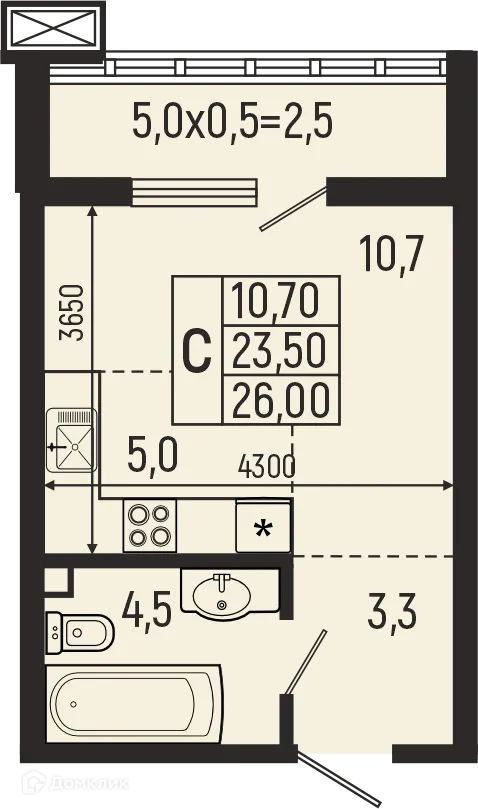 Планировка студии квартиры 26 м² в ЖК Звёзды, г. Майкоп — фото 1