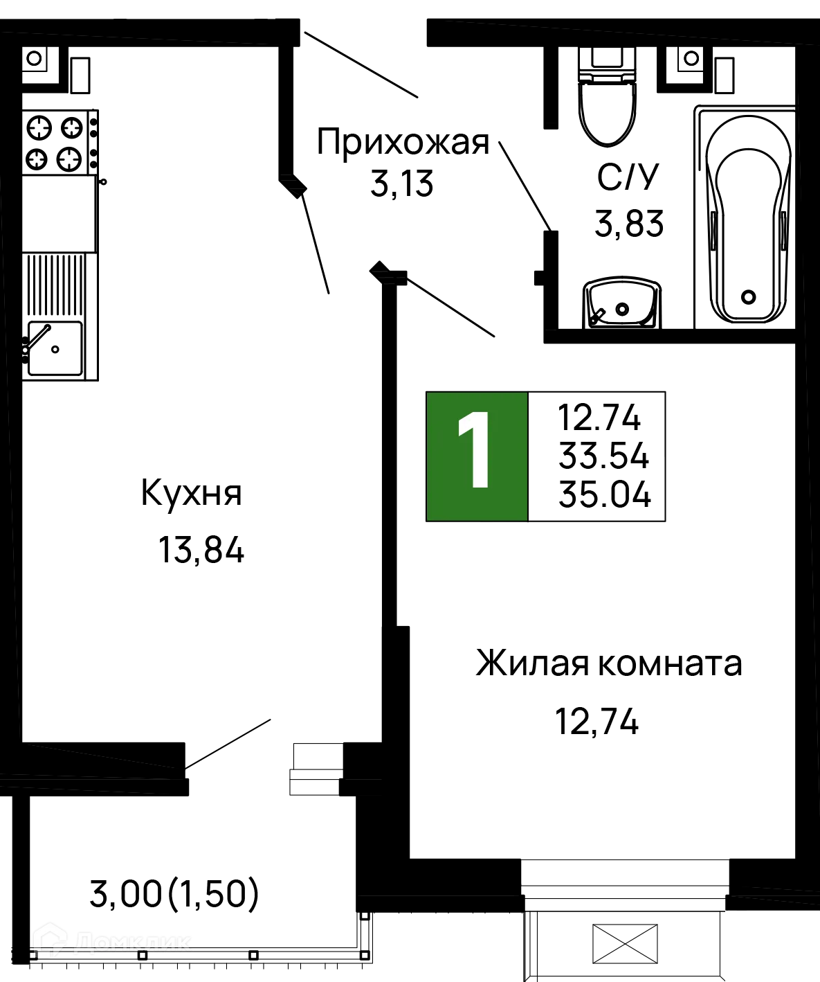 Планировка 1-комнатной квартиры 34.9 м² в ЖК Долина, г. Майкоп — фото 1