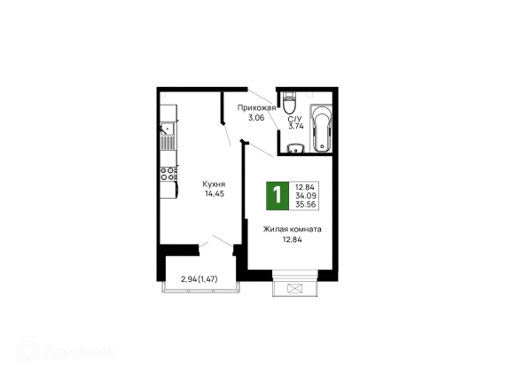 Планировка 1 комн. в ЖК Долина