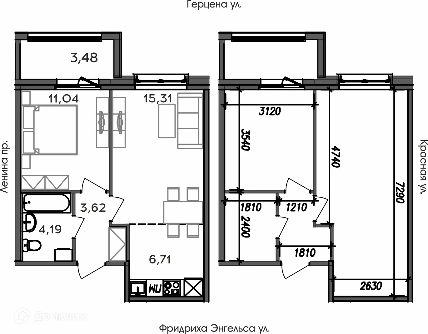 Планировка 2-комнатной квартиры 44.35 м² в ЖК АРИСТОКРАТ, г. Петрозаводск — фото 1