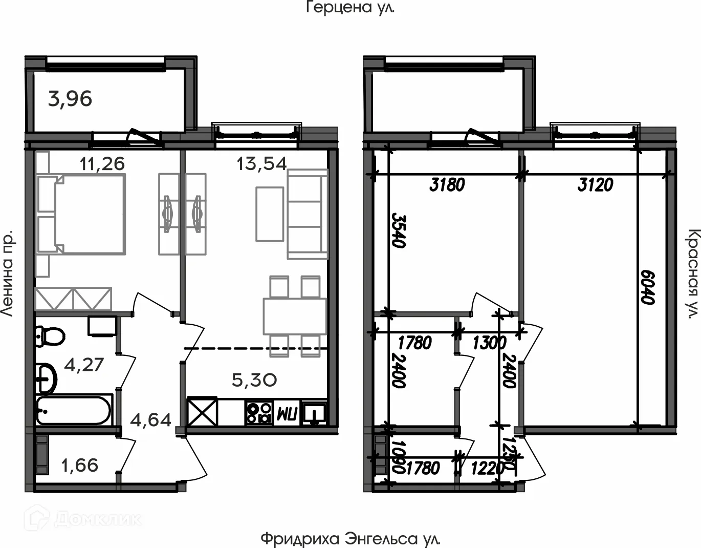 Планировка 2-комнатной квартиры 44.63 м² в ЖК АРИСТОКРАТ, г. Петрозаводск — фото 1
