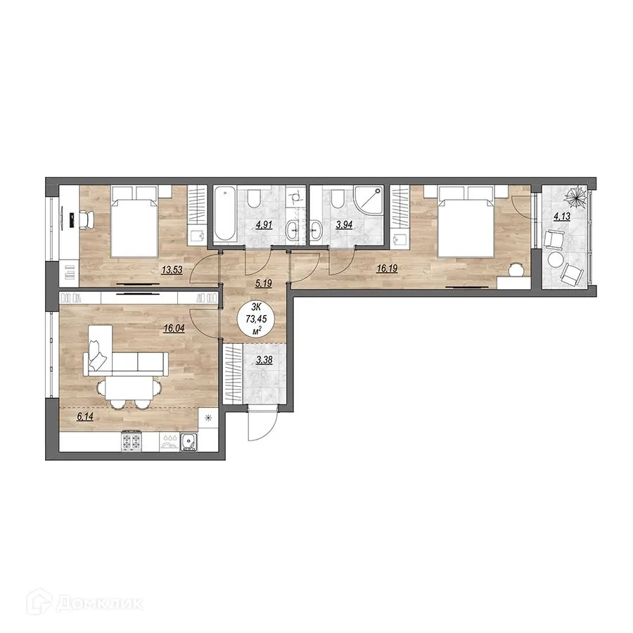 Планировка 3-комнатной квартиры 73.45 м² в ЖК "Каскад", г. Петрозаводск — фото 1