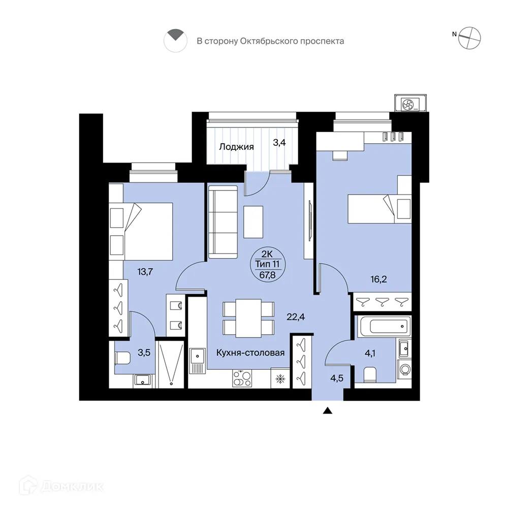 Планировка 2-комнатной квартиры 67.8 м² в ЖК Планета-9, г. Сыктывкар — фото 1