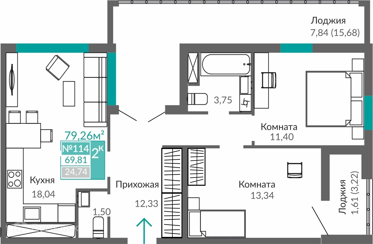 Фото квартиры в ЖК ЖИЛОЙ КВАРТАЛ АБРИКОС - 2