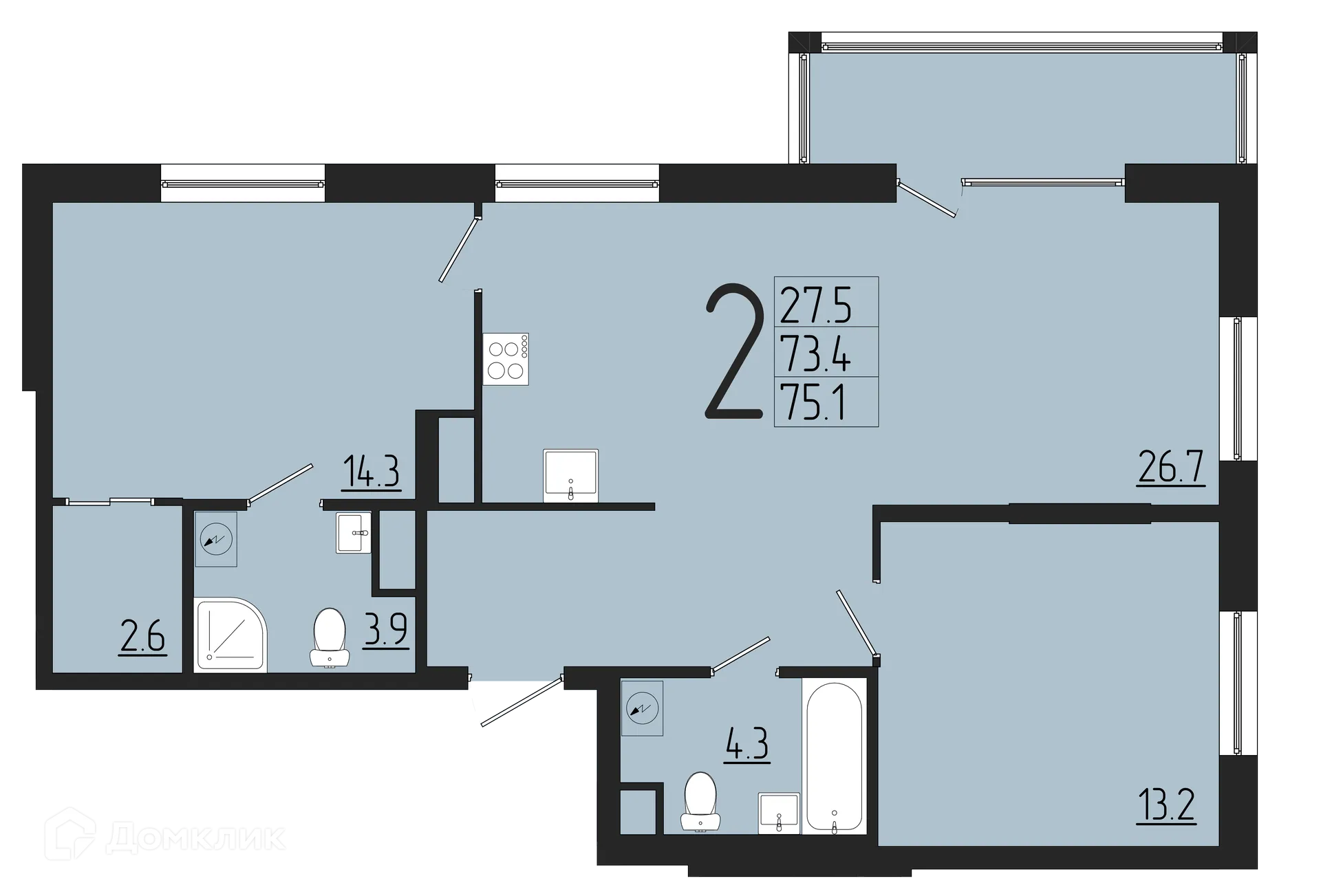Планировка 2-комнатной квартиры 75.1 м² в ЖК Розмарин, г. Саранск — фото 1