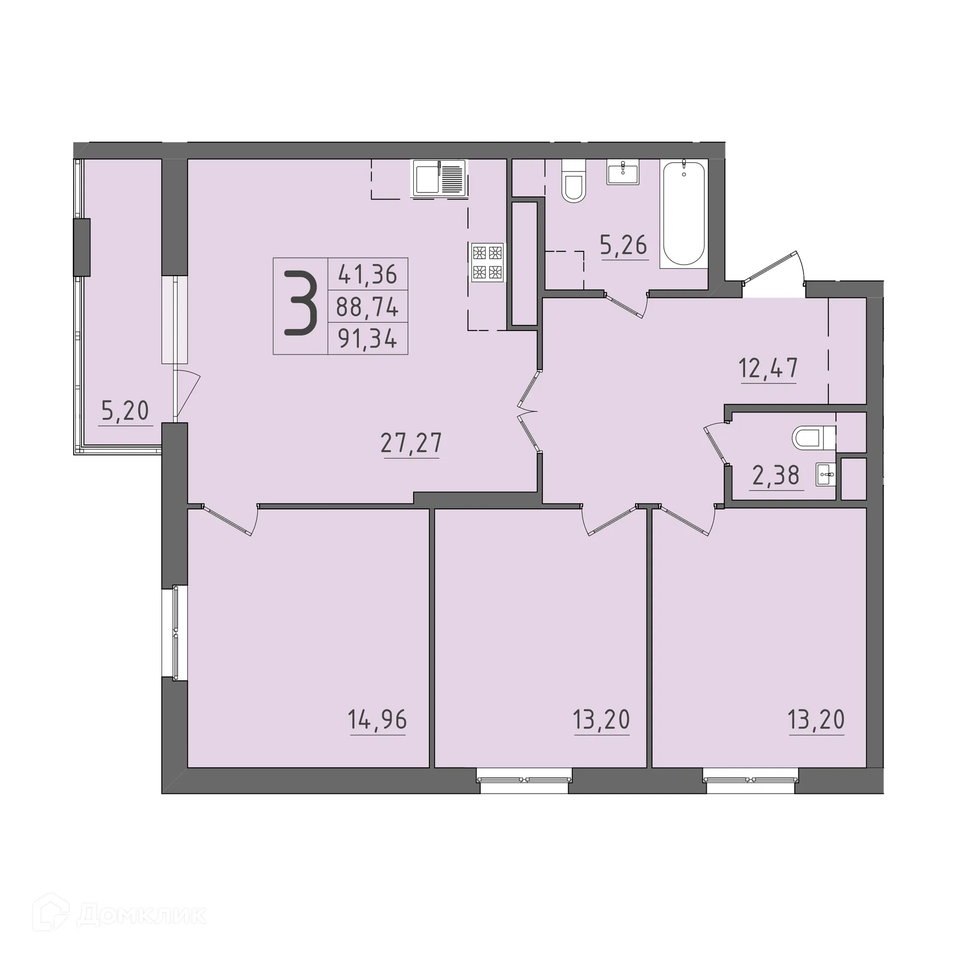Планировка 3-комнатной квартиры 91.34 м² в ЖК На Кирова, г. Саранск — фото 1