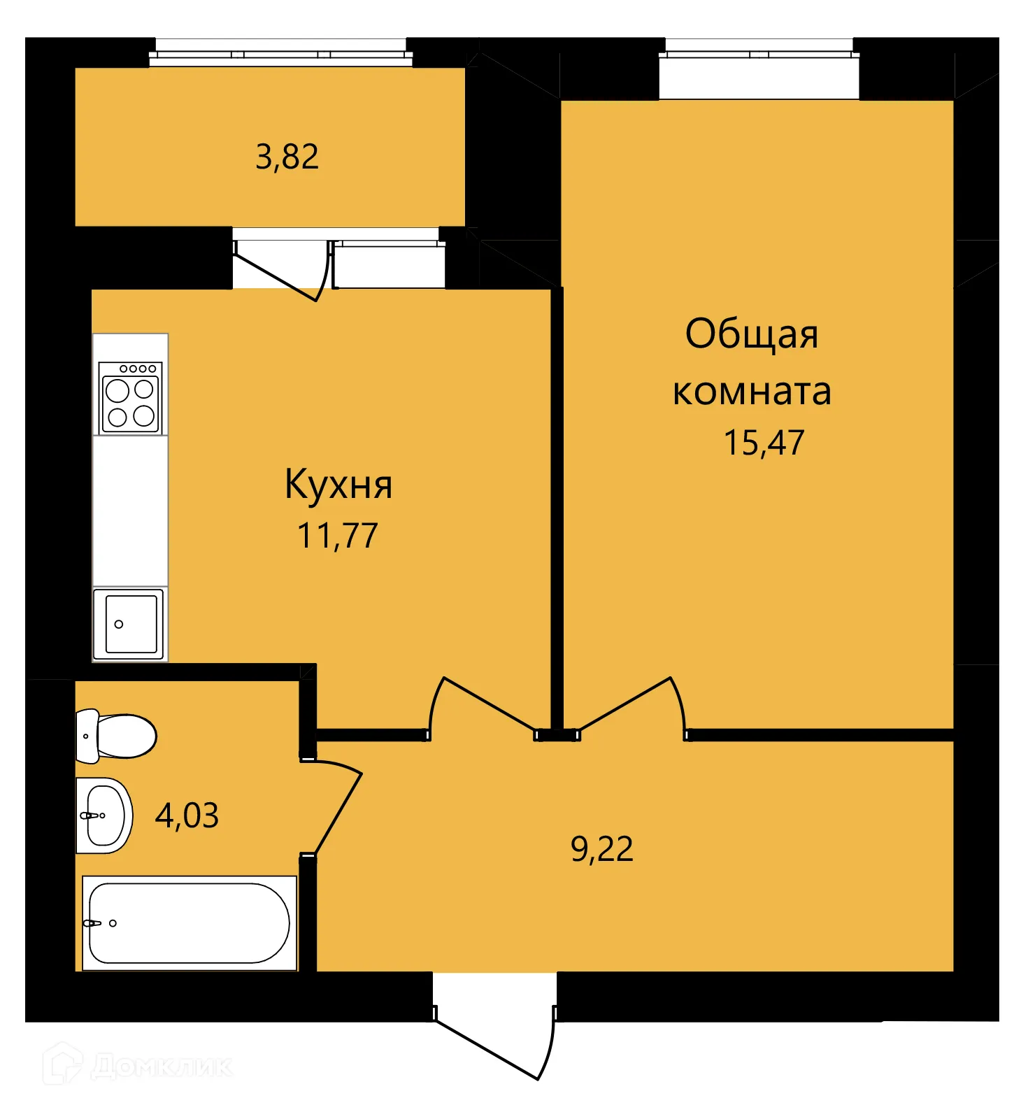 Планировка 1-комнатной квартиры 42.4 м² в ЖК На Филатова, г. Саранск — фото 1