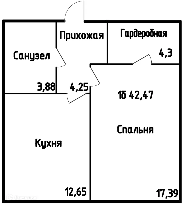Планировка 1-комнатной квартиры 42.47 м² в ЖК ПРОСПЕКТ, г. Саранск — фото 1