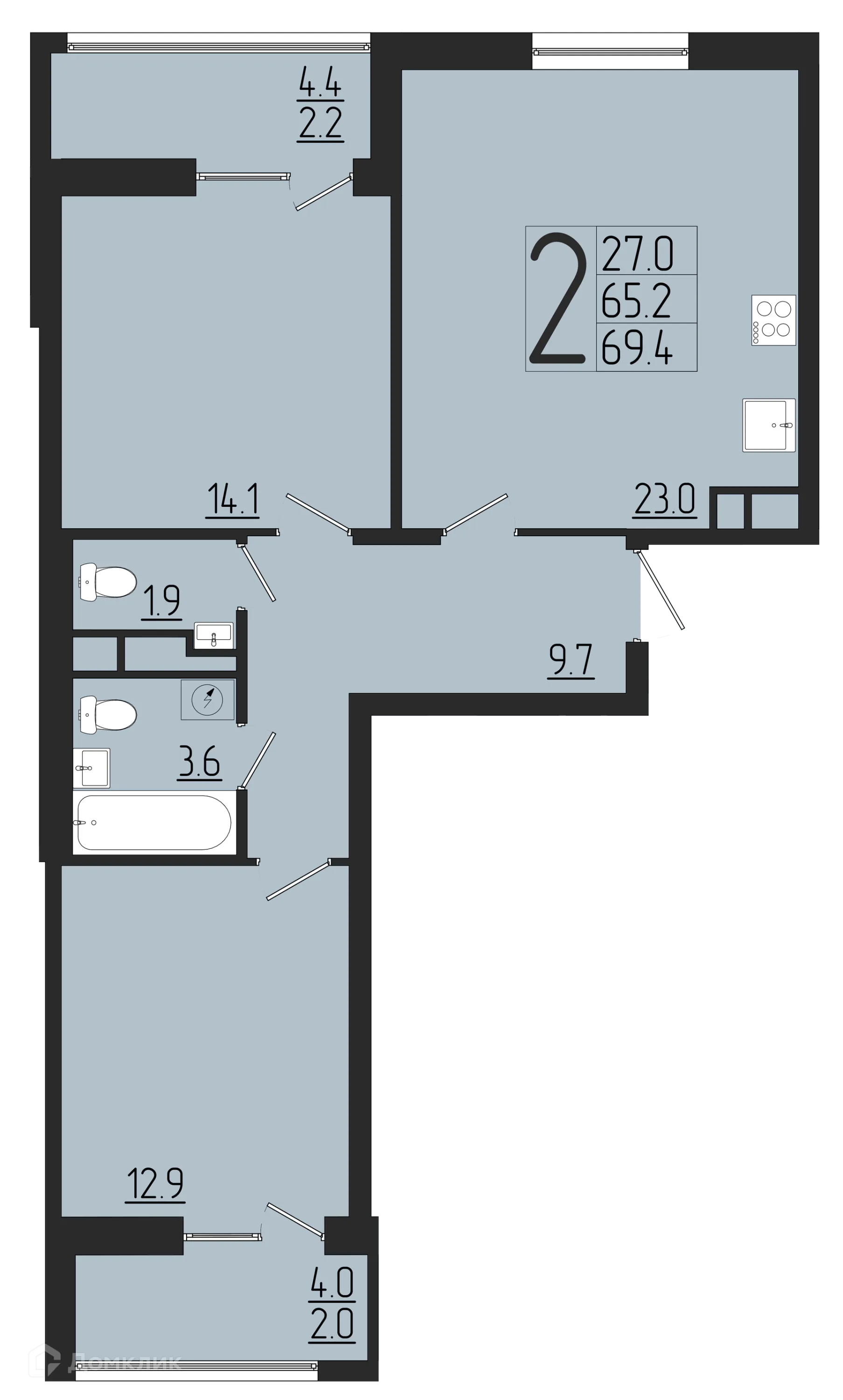 Планировка 2-комнатной квартиры 69.4 м² в ЖК Розмарин, г. Саранск — фото 1