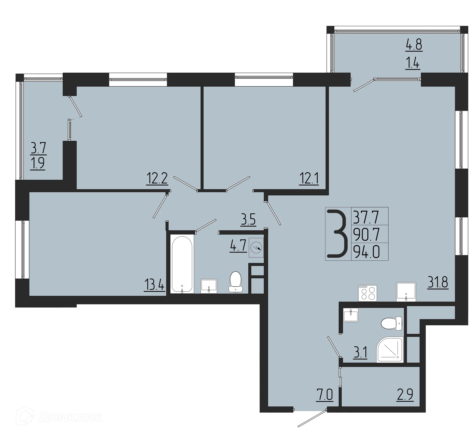 Планировка 3-комнатной квартиры 94 м² в ЖК Розмарин, г. Саранск — фото 1