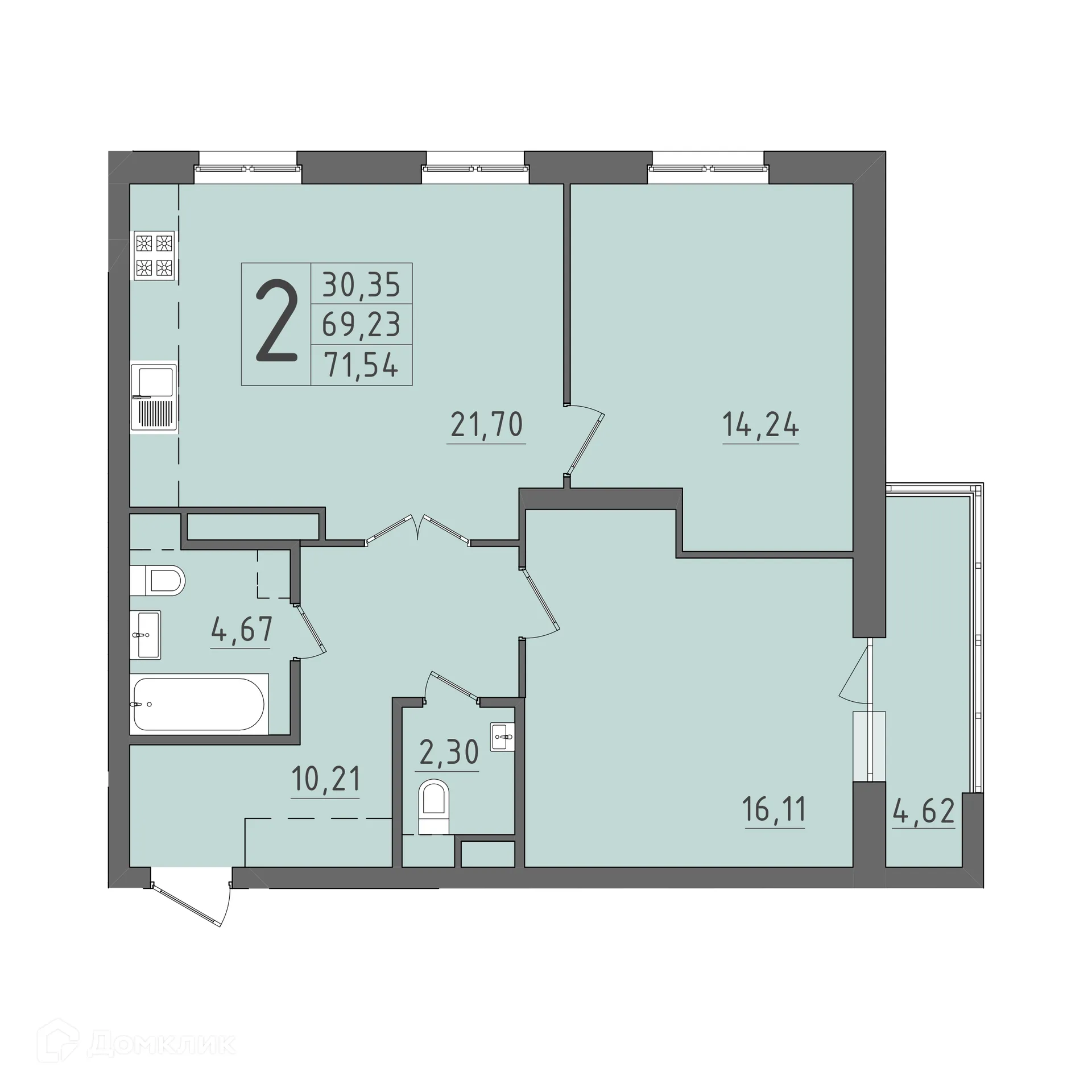Планировка 2-комнатной квартиры 71.54 м² в ЖК На Кирова, г. Саранск — фото 1