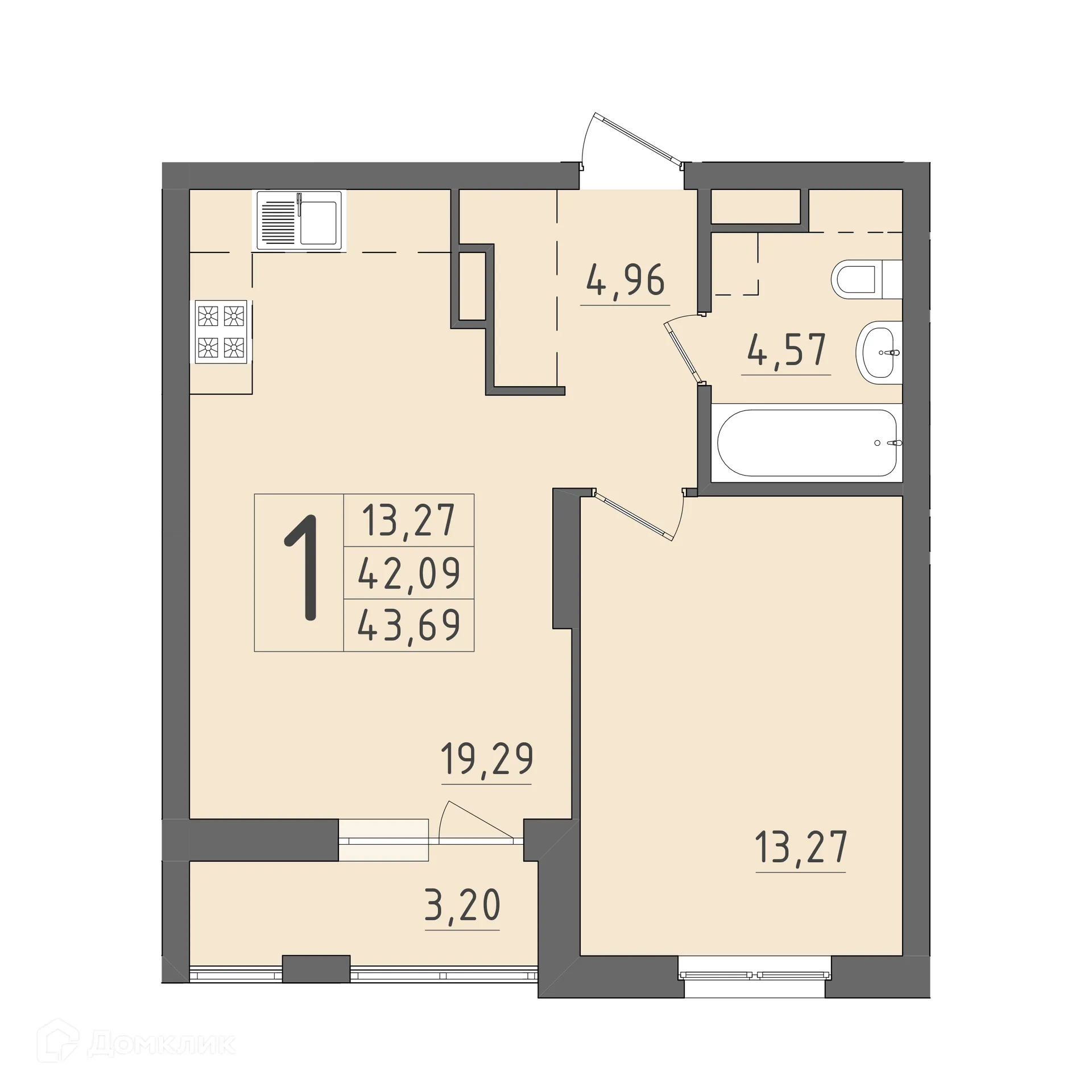 Планировка 1-комнатной квартиры 43.69 м² в ЖК На Кирова, г. Саранск — фото 1