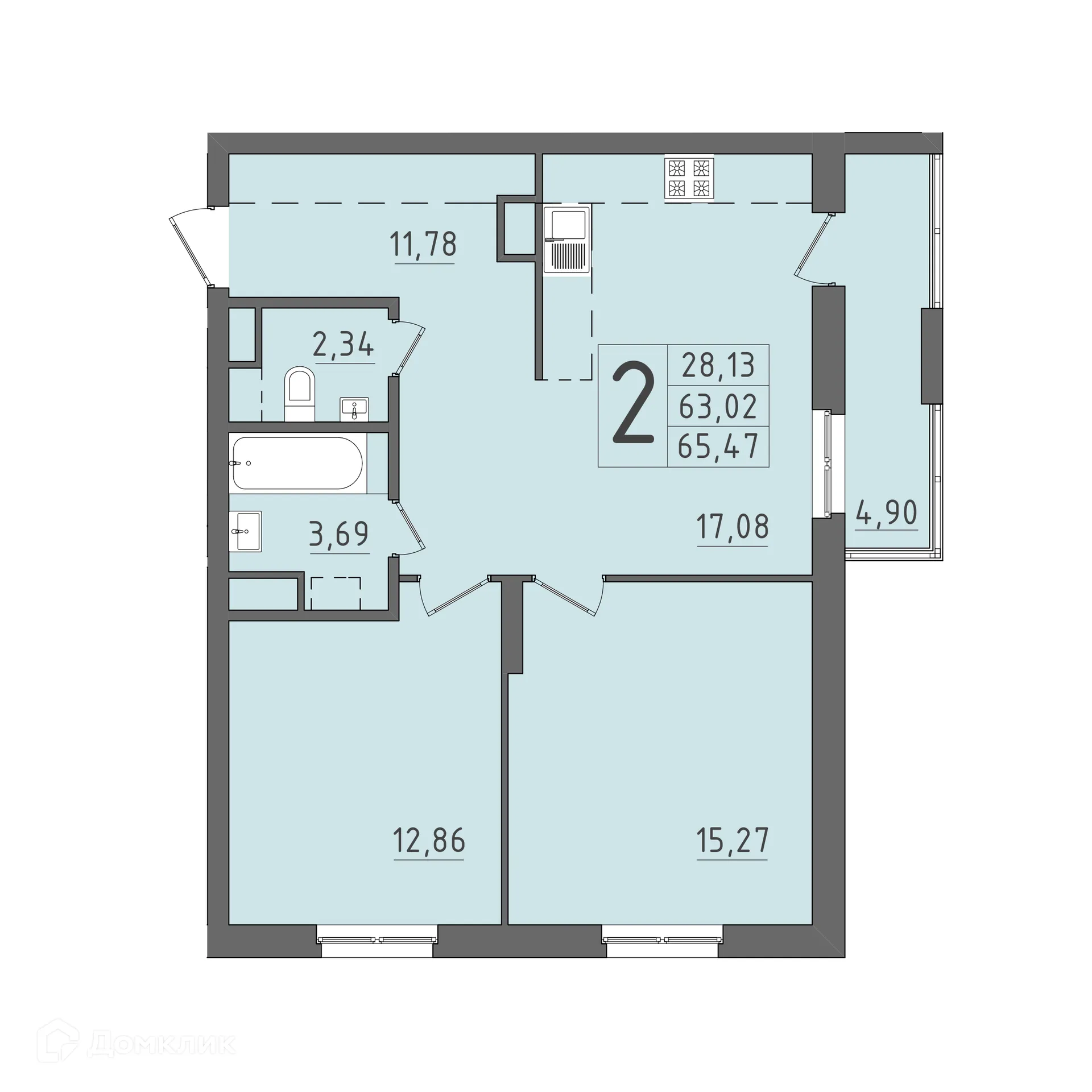 Планировка 2-комнатной квартиры 65.47 м² в ЖК На Кирова, г. Саранск — фото 1