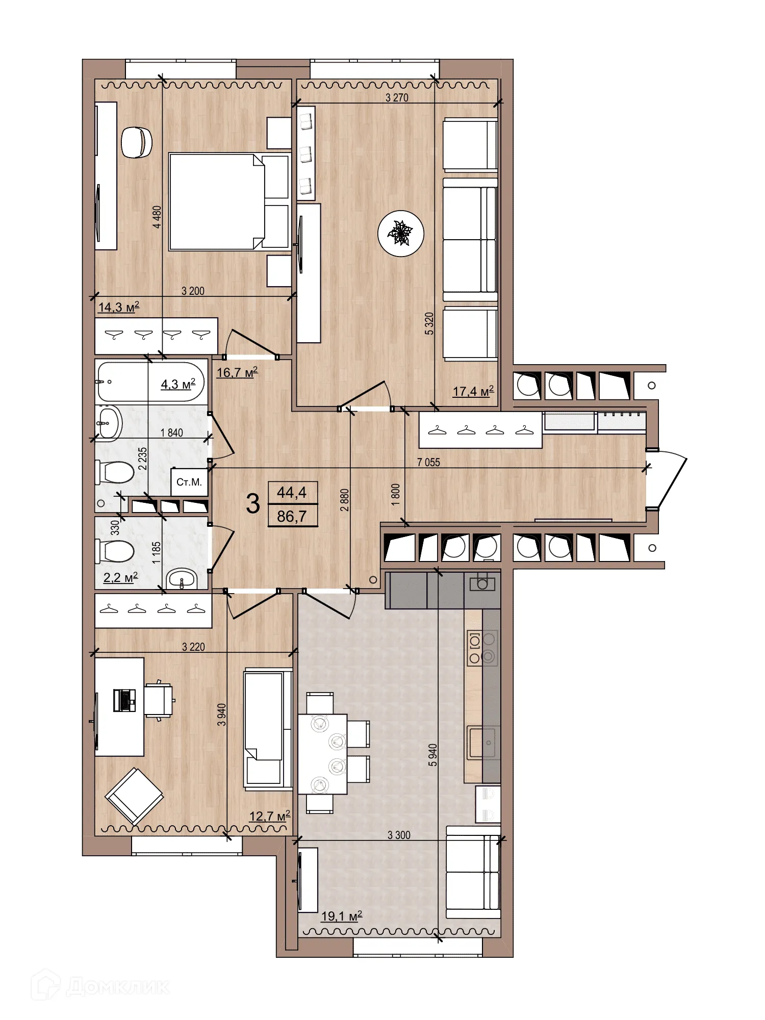 Планировка 3-комнатной квартиры 86.7 м² в ЖК Skyline (Скайлайн), г. Рязань — фото 1