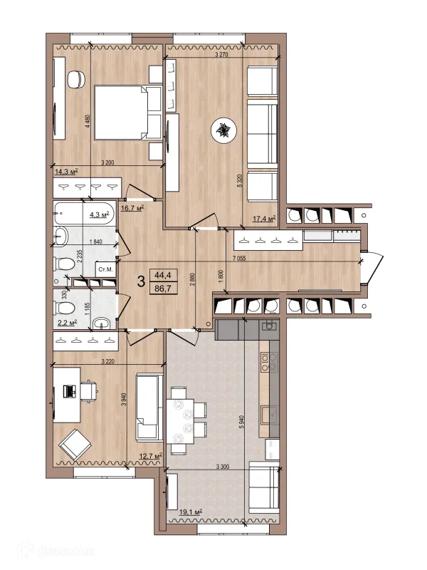 Планировка 3 комн. в ЖК Skyline (Скайлайн)