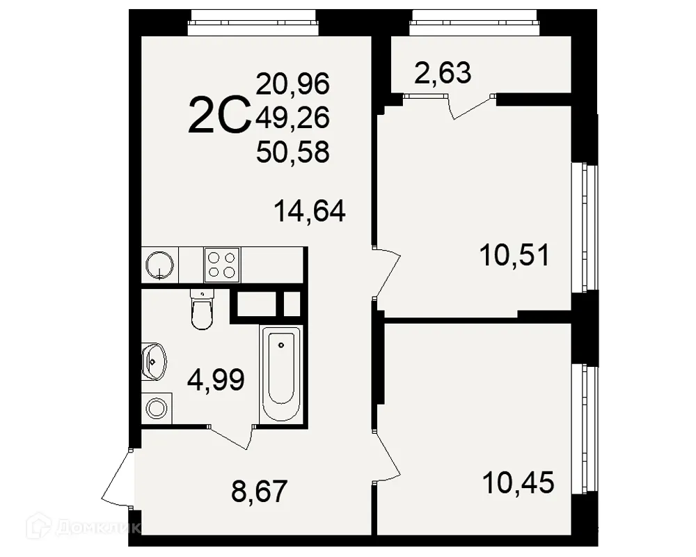 Планировка 2-комнатной квартиры 50.58 м² в ЖК Аура, г. Рязань — фото 1