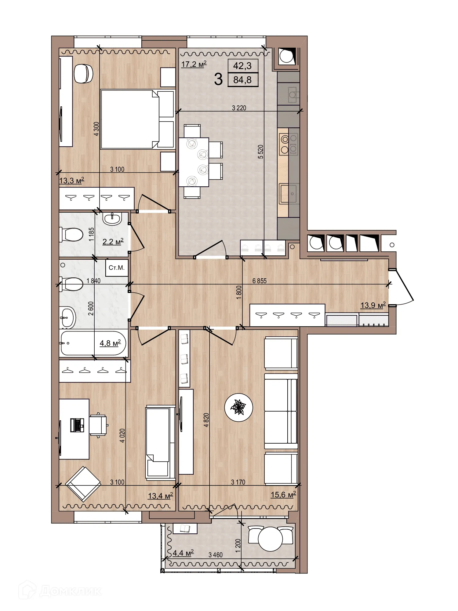 Планировка 3-комнатной квартиры 84.8 м² в ЖК Skyline (Скайлайн), г. Рязань — фото 1