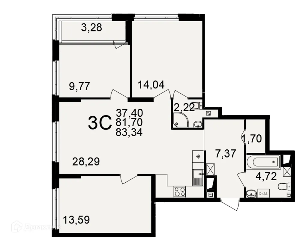 Планировка 3-комнатной квартиры 83.34 м² в ЖК Большая история, г. Рязань — фото 1