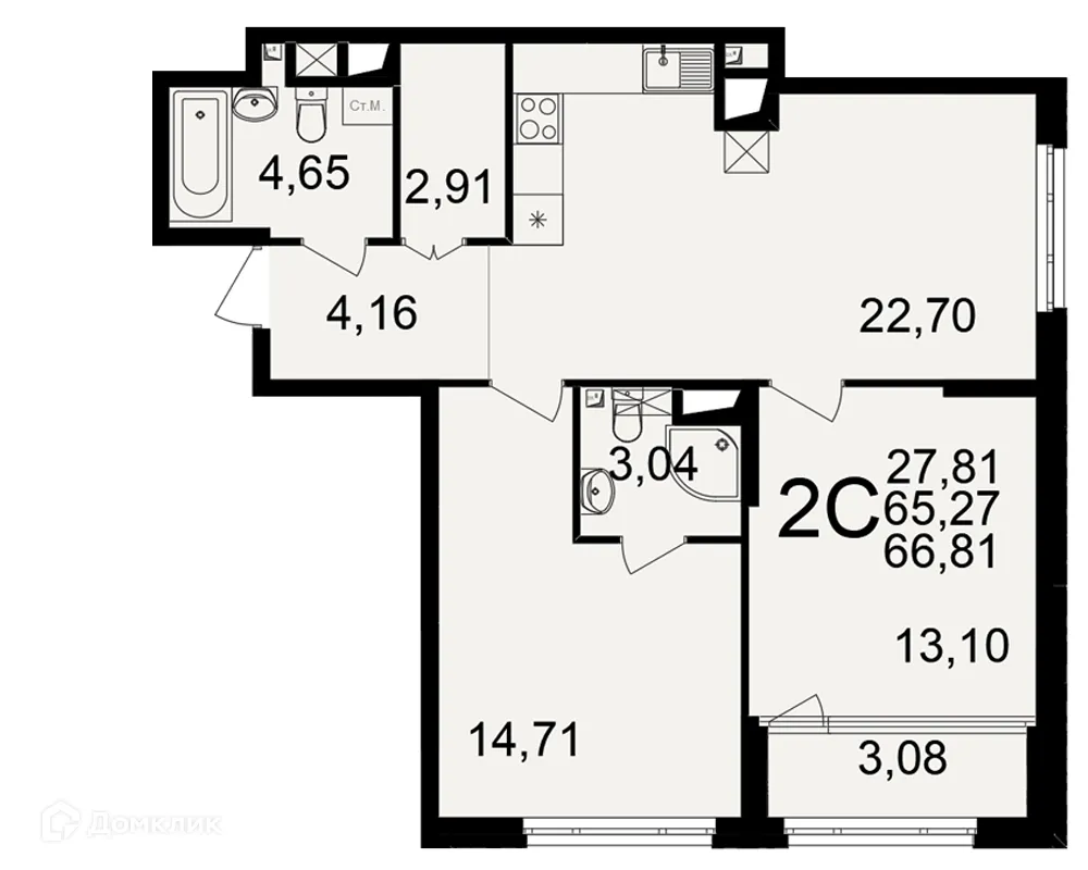 Планировка 2-комнатной квартиры 66.81 м² в ЖК Большая история, г. Рязань — фото 1