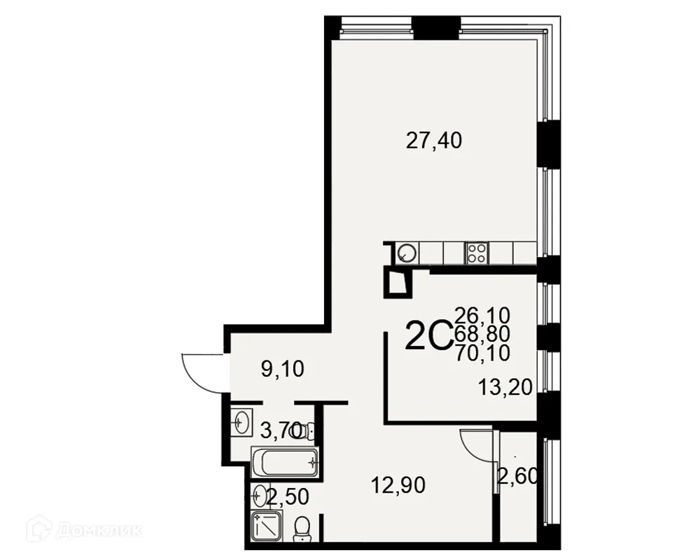 Планировка 2-комнатной квартиры 70.1 м² в ЖК "Акцент", г. Рязань — фото 1