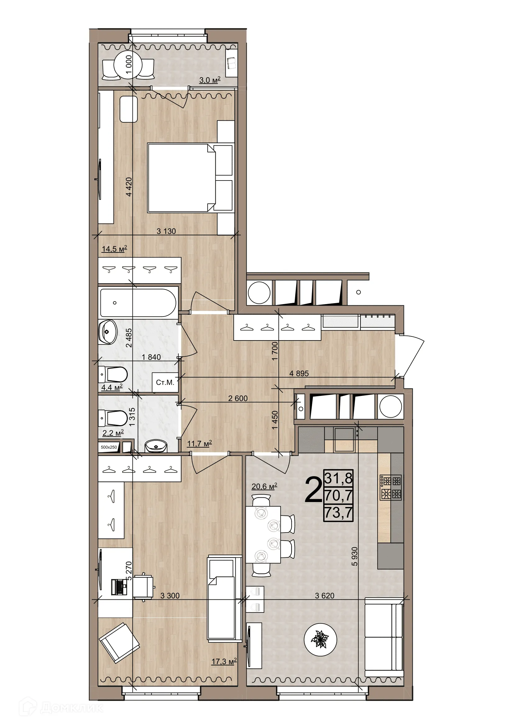 Планировка 2-комнатной квартиры 73.7 м² в ЖК Еврокласс-4, г. Рязань — фото 1