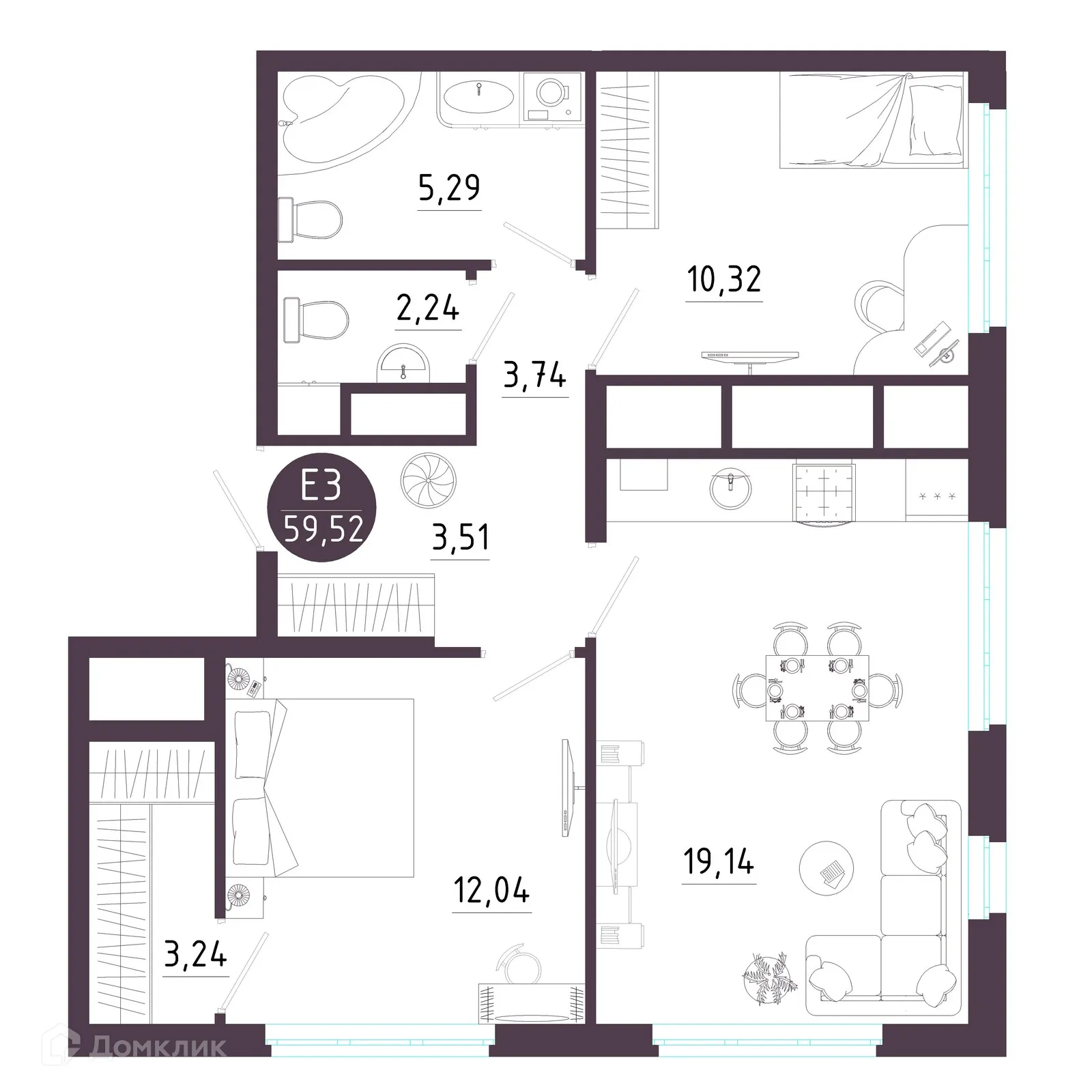 Планировка 2-комнатной квартиры 59.52 м² в ЖК Крылья, г. Рязань — фото 1