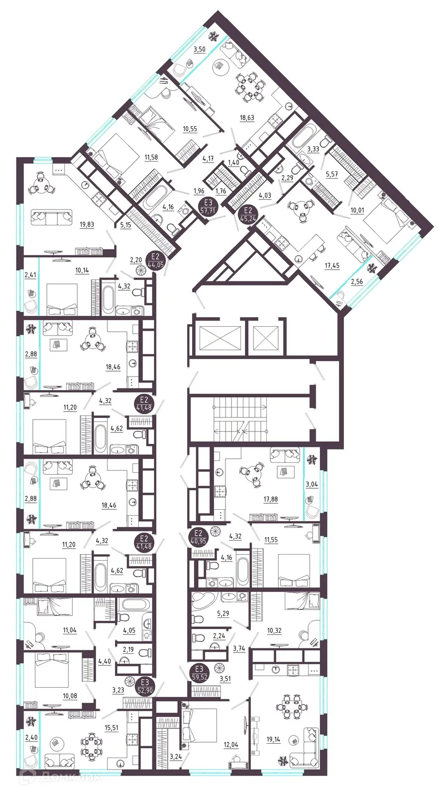 Планировка 2-комнатной квартиры 59.52 м² в ЖК Крылья, г. Рязань — фото 2