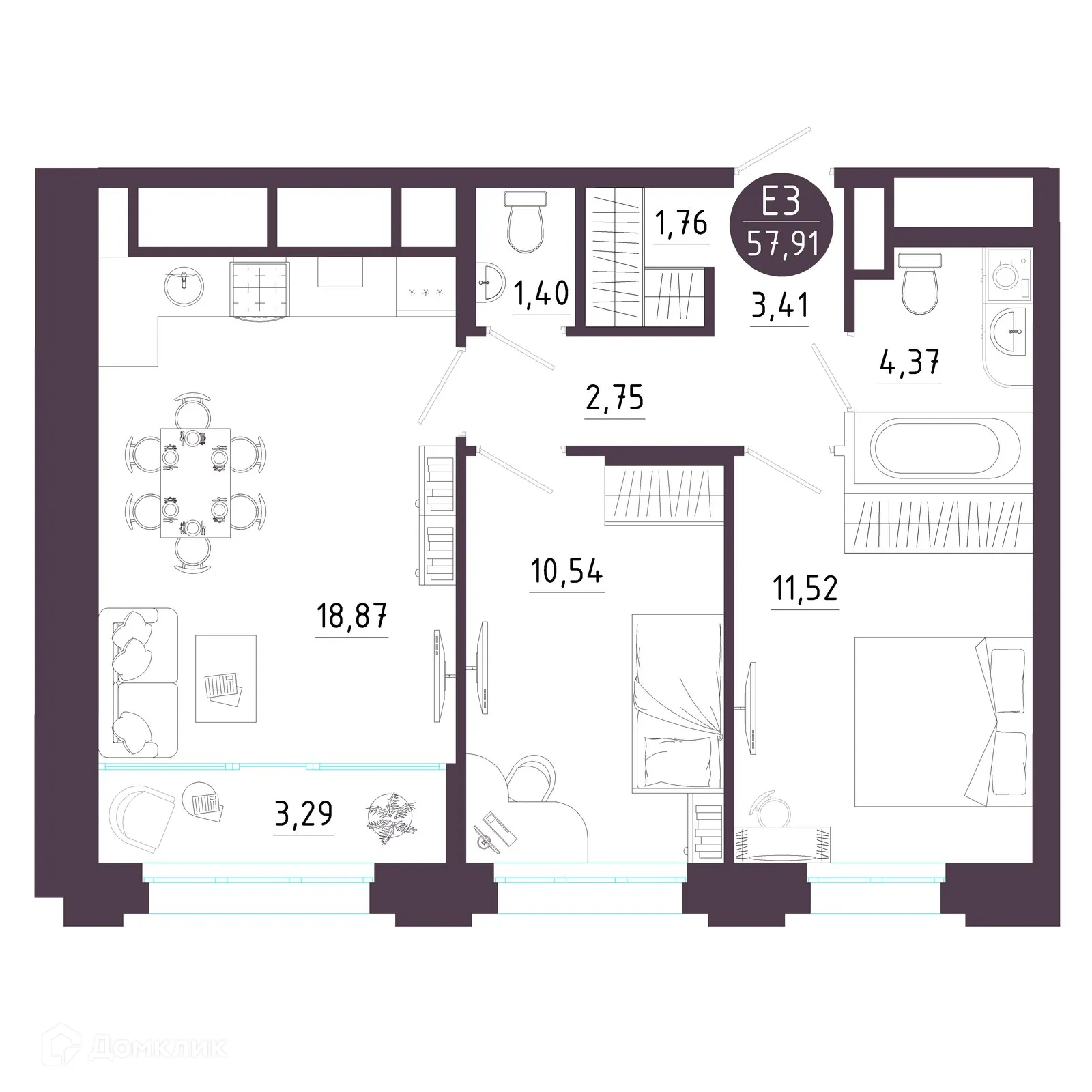 Планировка 2-комнатной квартиры 57.91 м² в ЖК Крылья, г. Рязань — фото 1