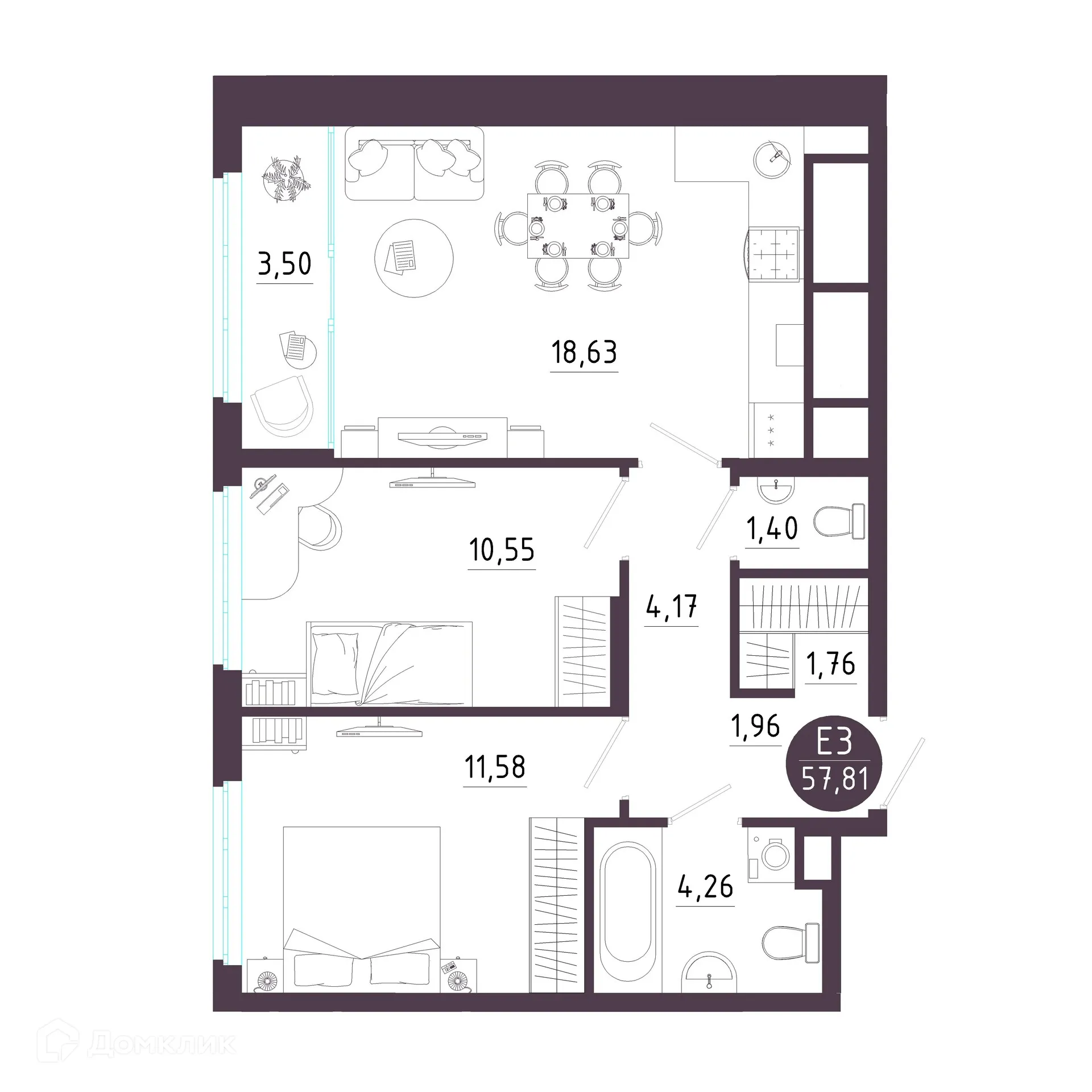 Планировка 2-комнатной квартиры 57.81 м² в ЖК Крылья, г. Рязань — фото 1