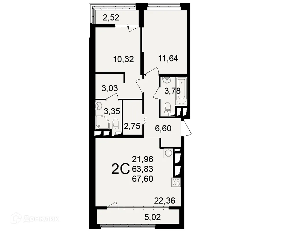 Планировка 2-комнатной квартиры 67.6 м² в ЖК"Новое измерение", г. Рязань — фото 1