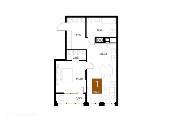 Планировка 1 комн. в ЖК МЕДНЫЙ