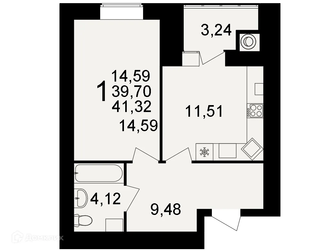 Планировка 1-комнатной квартиры 41.32 м² в ЖК Видный, г. Рязань — фото 1