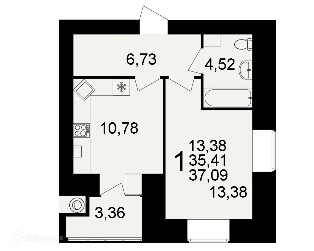 Планировка 1-комнатной квартиры 37.09 м² в ЖК Видный, г. Рязань — фото 1