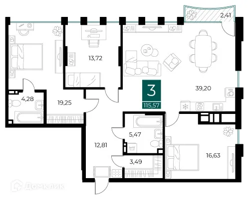 Планировка 3-комнатной квартиры 115.57 м² в ЖК Арт-кварталы, г. Рязань — фото 1