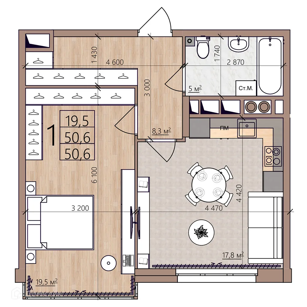 Планировка 1-комнатной квартиры 50.6 м² в ЖК Окская стрелка, г. Рязань — фото 1